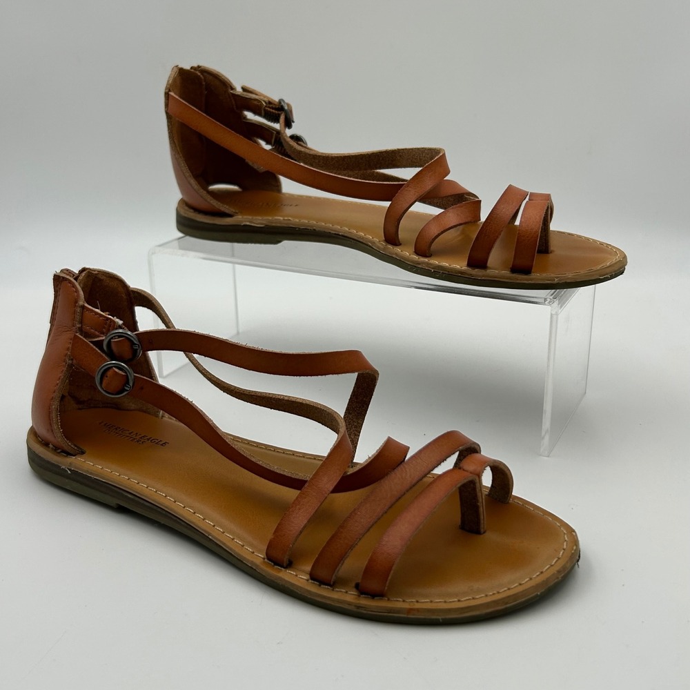 American Eagle Gladiator‎ Sandals Womens 7 Brown Strappy Boho Summer Flat Shoes